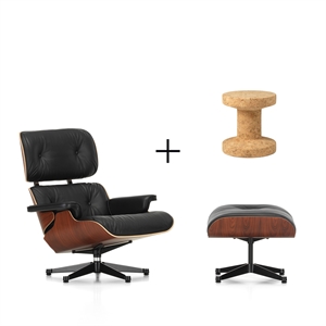 Vitra Eames Sessel Santos Palisander/ Schwarz Leder mit Ottomane + Kork-Familienhocker Modell B