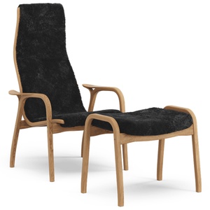 Swedese Lamino Sessel mit Fußhocker hoch, geölte Eiche/ Schwarz/Schaffell