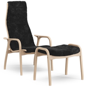 Swedese Lamino Sessel mit Fußhocker hoch lackiert Buche Eiche/ Schwarz/Schaffell