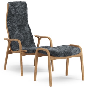 Swedese Lamino Sessel mit Fußhocker hoch, geölte Eiche/Anthrazit/Schaffell