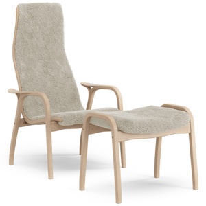Swedese Lamino Sessel mit Fußhocker hoch lackiert Buche Eiche/Moonlight/Schaffell