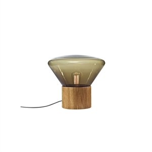 Brokis Muffins Wood 01 Tisch-/ Stehlampe , Braunes Glas/Natureiche mit Schwarz Leitung