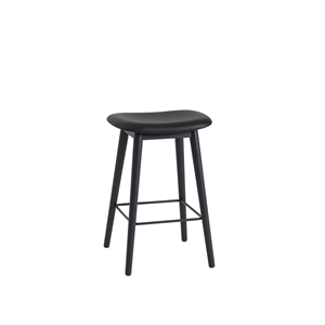 Muuto Fiber Barhocker mit Holzgestell Leder Gepolstert Schwarz/ Schwarz H66 cm
