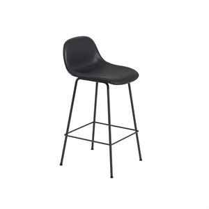 Muuto Fiber Barhocker mit Rohrgestell und Rückenlehne Leder Gepolstert Schwarz/ Schwarz H87,5 cm
